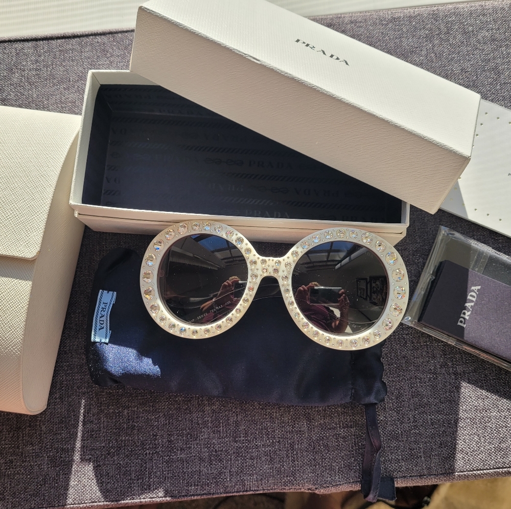 New Prada Ivory Black Ornate Swirl Round Sunglasse